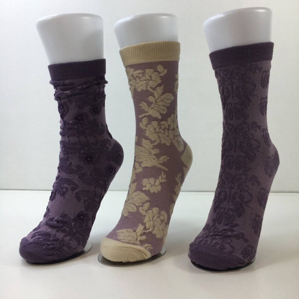 Womens Designer Socks 3-Pack Floral Pattern Purple Beige Cotton Blend Stylish